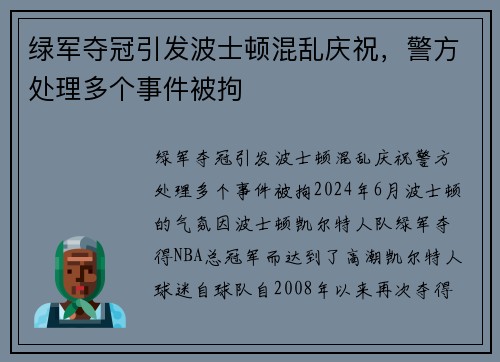 绿军夺冠引发波士顿混乱庆祝，警方处理多个事件被拘