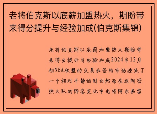 老将伯克斯以底薪加盟热火，期盼带来得分提升与经验加成(伯克斯集锦)