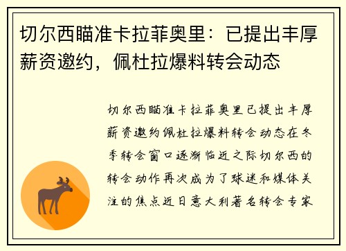 切尔西瞄准卡拉菲奥里：已提出丰厚薪资邀约，佩杜拉爆料转会动态