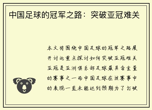 中国足球的冠军之路：突破亚冠难关