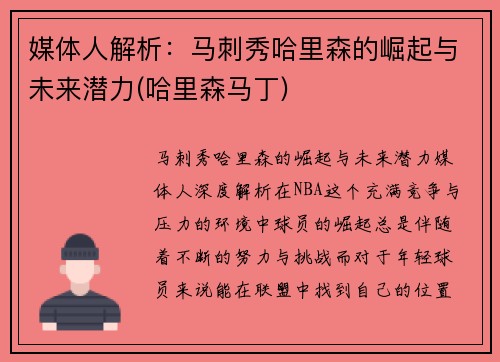 媒体人解析：马刺秀哈里森的崛起与未来潜力(哈里森马丁)