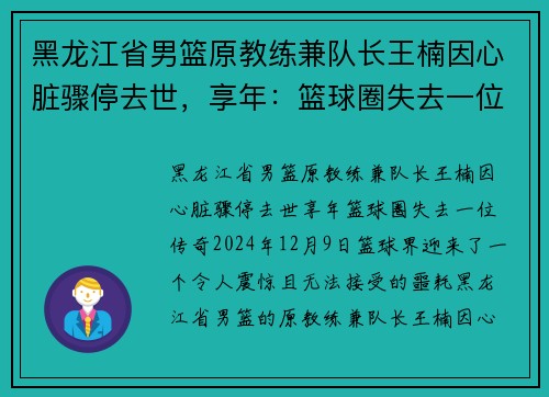 黑龙江省男篮原教练兼队长王楠因心脏骤停去世，享年：篮球圈失去一位传奇